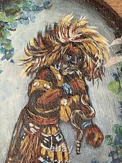 Vtg Mid Century Oil Painting On Wood Native American Hopi Kachina Snake Dangers