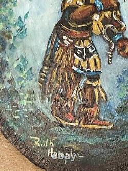 Vtg Mid Century Oil Painting On Wood Native American Hopi Kachina Snake Dangers