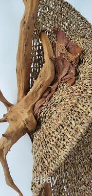Vtg Mid Century Organic Driftwood Fiber Weave Boho Art Wall Hanging Free US Ship