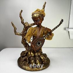 Vtg Mid Century Pixie Elf Playing Instrument With Tree & Deer 14 Wood Sculpture