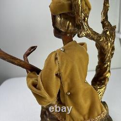 Vtg Mid Century Pixie Elf Playing Instrument With Tree & Deer 14 Wood Sculpture