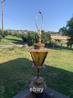 Vtg Mid Century Retro 32 Table Lamp 3 way Amber Glass Panels Brass Accents