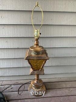 Vtg Mid Century Retro 32 Table Lamp 3 way Amber Glass Panels Brass Accents