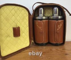 Vtg Mid Century Scotch Bourbon Top Grain Cowhide Leather Carry Case Flasks