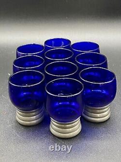 Vtg Mid-Century Set Queen Art Modern Pewter & Cobalt Blue Decanter with 10 Glasses
