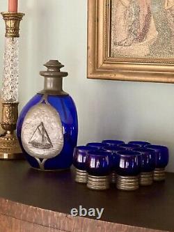 Vtg Mid-Century Set Queen Art Modern Pewter & Cobalt Blue Decanter with 10 Glasses