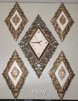 Vtg Mid Century Syroco Wall Clock Gold Scroll & 4 Piece Wall Plaques Hanging Set
