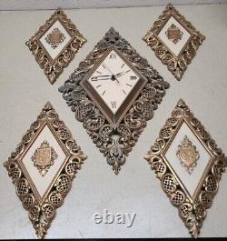 Vtg Mid Century Syroco Wall Clock Gold Scroll & 4 Piece Wall Plaques Hanging Set