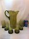 Vtg Mid-century Italy Blown Glass Green Pitcher & 6 Tumblers glass Mix Drink Bar