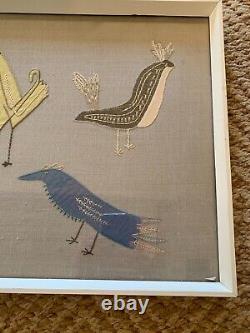 Vtg Retro Mid Century Embroidery Birds Textile Wall Art 82 cm L Framed Applique