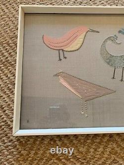 Vtg Retro Mid Century Embroidery Birds Textile Wall Art 82 cm L Framed Applique