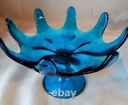 Vtg. Viking Mid Century Blue Art Glass 8 Petal Pedestal Bowl