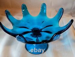 Vtg. Viking Mid Century Blue Art Glass 8 Petal Pedestal Bowl