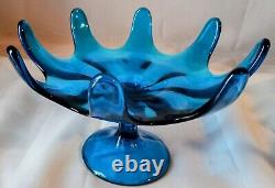 Vtg. Viking Mid Century Blue Art Glass 8 Petal Pedestal Bowl