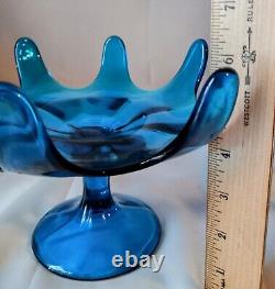 Vtg. Viking Mid Century Blue Art Glass 8 Petal Pedestal Bowl