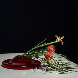 XL UFO Glass Vase or Fruit Bowl Wine-Red Hand-blown Vintage Retro Mid-Century